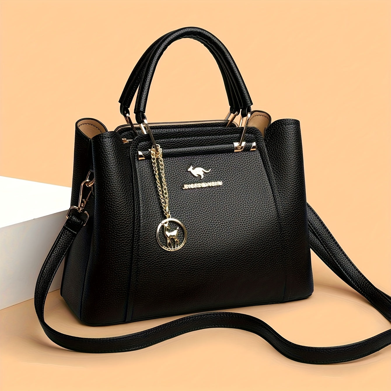 Stylish Black Tote Bag with Detachable Shoulder Strap