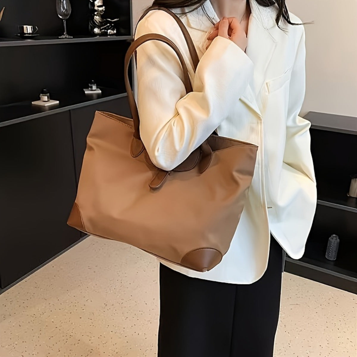 Sleek Black Nylon Tote Bag for Work and Commuting