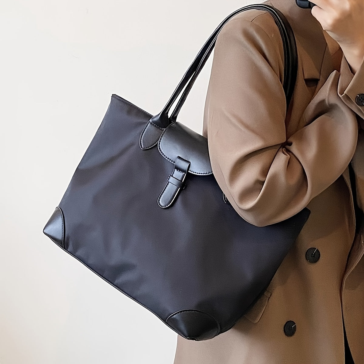Sleek Black Nylon Tote Bag for Work and Commuting