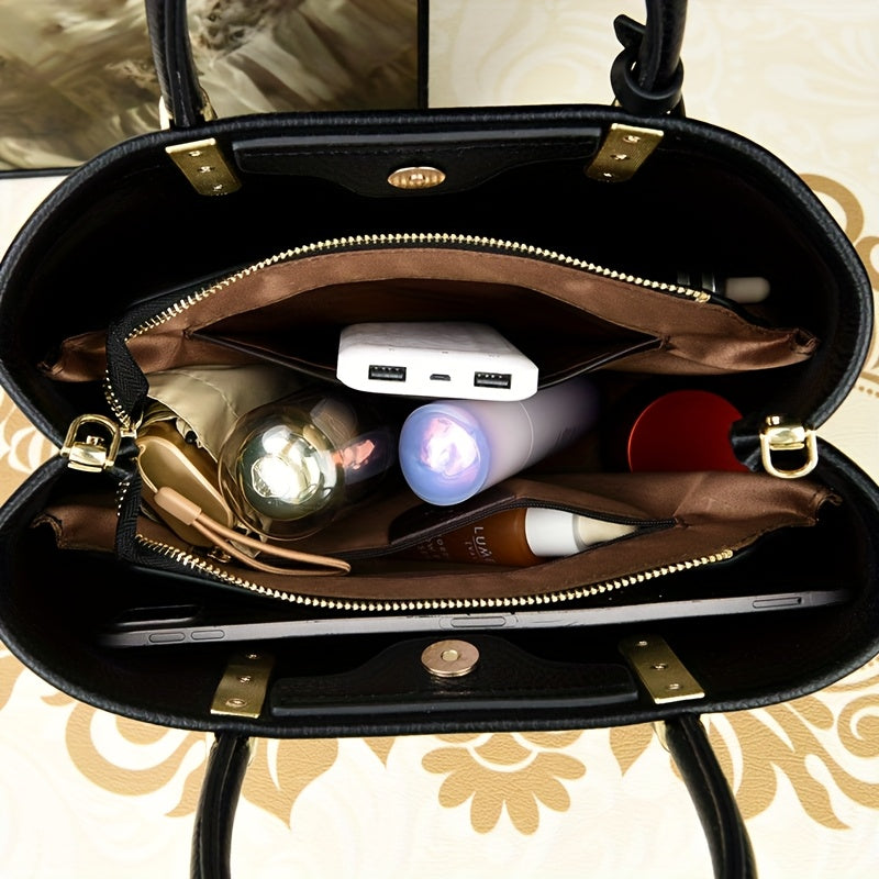 Elegant black handbag with adjustable strap and zipper closure